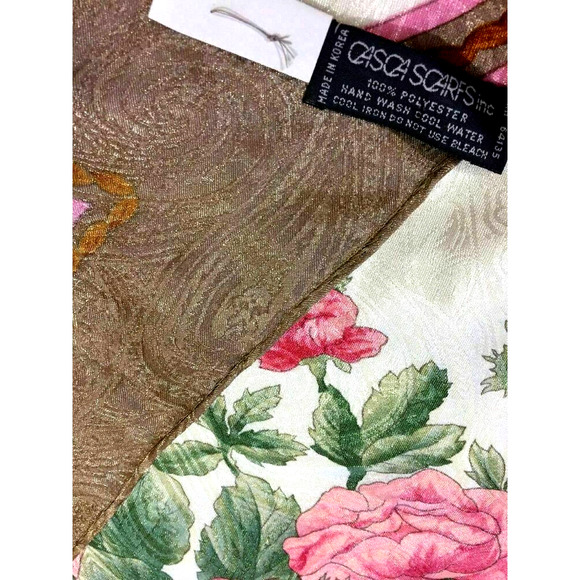 Casca Floral Square Scarf Cabbage Rose Silky Golden Shimmery Hand Rolled Hem 35" - Picture 8 of 14